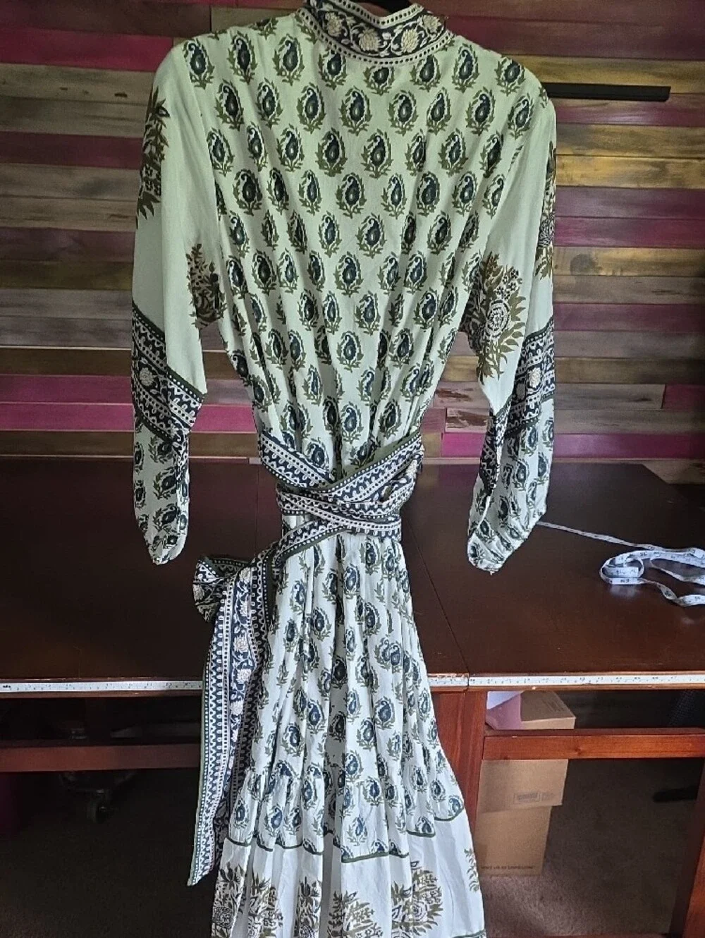 Long Sleeve Printed Tie-Waist Maxi Dress in Cream and Navy - Picture 7 of 7